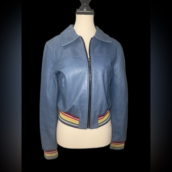 THE MIGHTY COMPANY Blue Bomber Jacket with Rainbow Stripe Trim - Picture 3 of 9